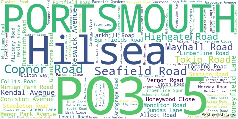 A word cloud for the PO3 5 postcode